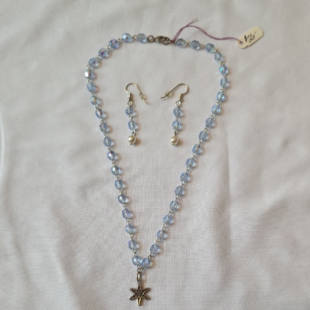 Elegant Sterling Silver Dainty Blue Beaded Necklace & Earring Set